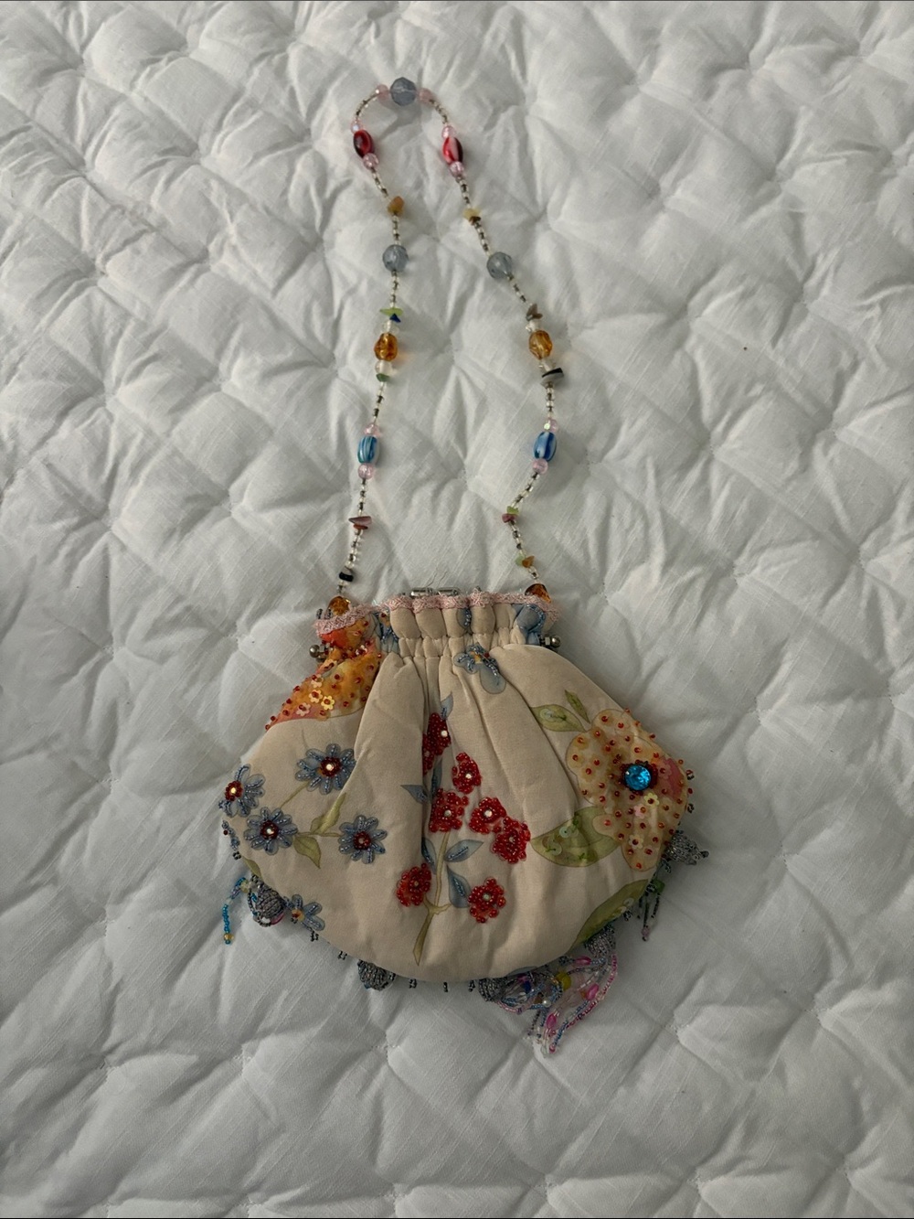 Mary Frances Cream Clutch with Pink and Red Floral Bead Detail - Picture 2 of 3